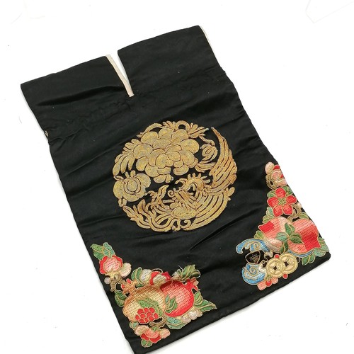 52 - Oriental silk drawstring bag with gold thread work decoration t/w 2 oriental fans (1 depicting a dra... 