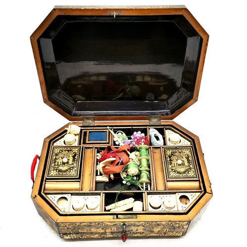 54 - Antique Chinese lacquer sewing box with bone fittings and a drawer with a writing slope - Has some s... 