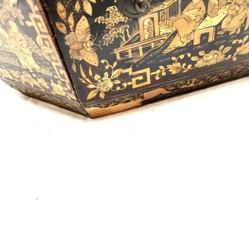 54 - Antique Chinese lacquer sewing box with bone fittings and a drawer with a writing slope - Has some s... 