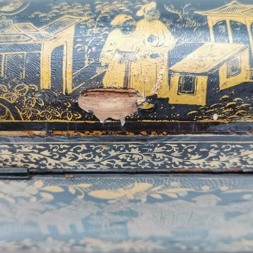 54 - Antique Chinese lacquer sewing box with bone fittings and a drawer with a writing slope - Has some s... 