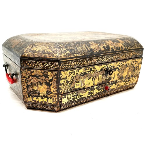 54 - Antique Chinese lacquer sewing box with bone fittings and a drawer with a writing slope - Has some s... 