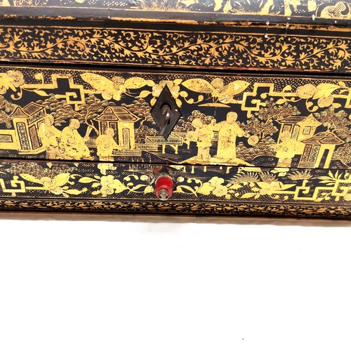 54 - Antique Chinese lacquer sewing box with bone fittings and a drawer with a writing slope - Has some s... 