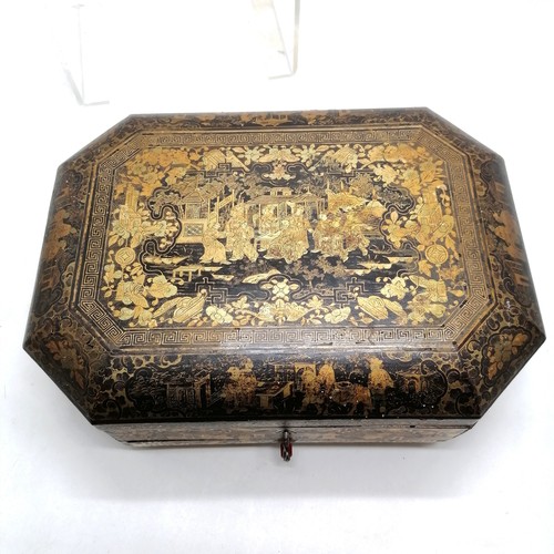 54 - Antique Chinese lacquer sewing box with bone fittings and a drawer with a writing slope - Has some s... 