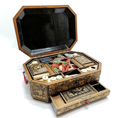 54 - Antique Chinese lacquer sewing box with bone fittings and a drawer with a writing slope - Has some s... 