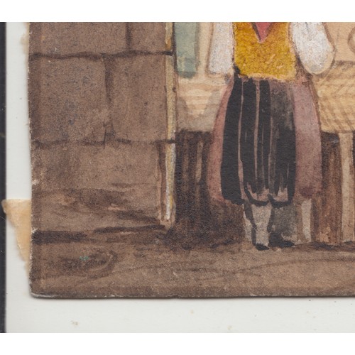 65 - Antique watercolour of a market scene in Rouen (?) signed with initials bottom left (notes on revers... 