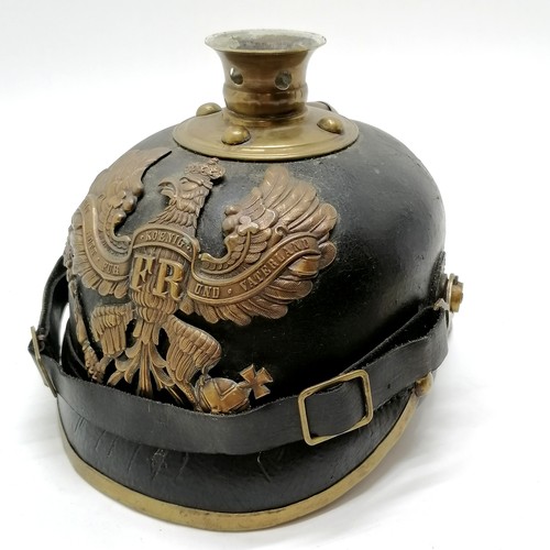 91 - Original German leather Pickelhaube / Pickelhelm with original chinstrap - 24cm across ~ lacks spike... 