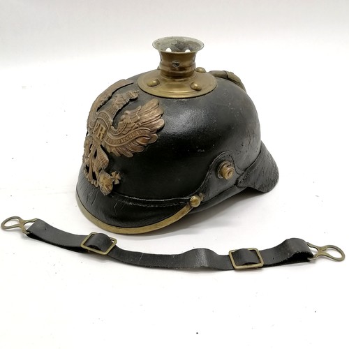 91 - Original German leather Pickelhaube / Pickelhelm with original chinstrap - 24cm across ~ lacks spike... 