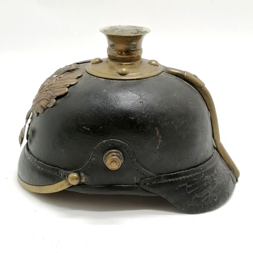 91 - Original German leather Pickelhaube / Pickelhelm with original chinstrap - 24cm across ~ lacks spike... 