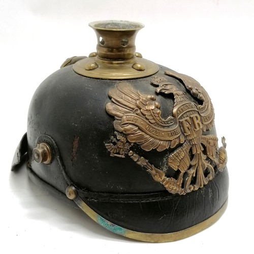 91 - Original German leather Pickelhaube / Pickelhelm with original chinstrap - 24cm across ~ lacks spike... 