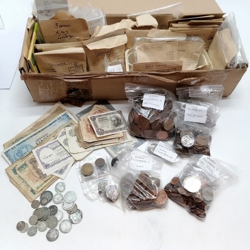 92 - Large qty of coins in a box organised into countries / denominations inc some silver (George III not... 