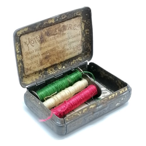 103 - Antique Great Western Railway miniature part sewing kit in a tin with TSS Ibex label on lid 4.5cm x ... 