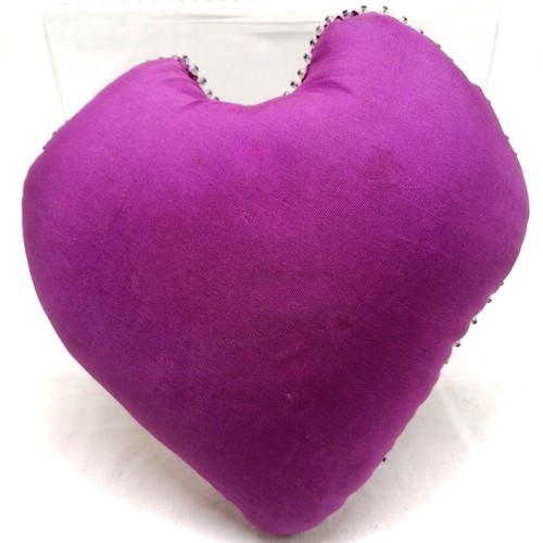 107 - WWI sweetheart purple heart pin cushion - 16cm x 16cm ~ 1 bead missing