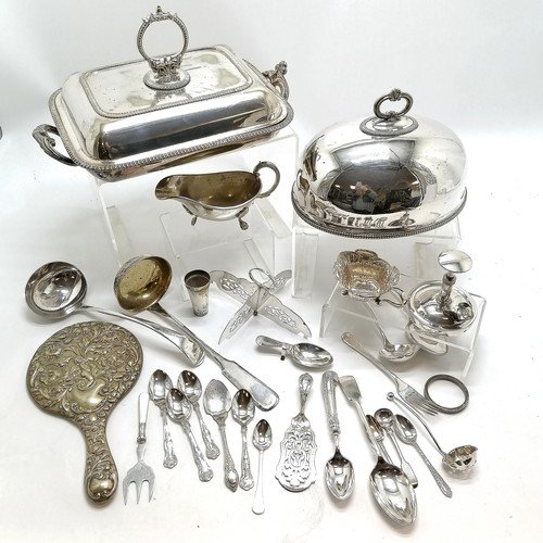 109 - Quantity of silver plated items including meat dome, vegetable warming dish, Polish Norblin ladle (2... 