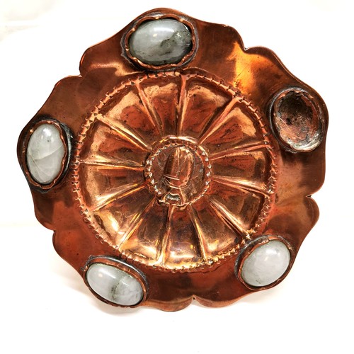 112 - Copper hand crafted agate stone dish with stag beetle design to centre (11cm with 1 cabochon stone m... 