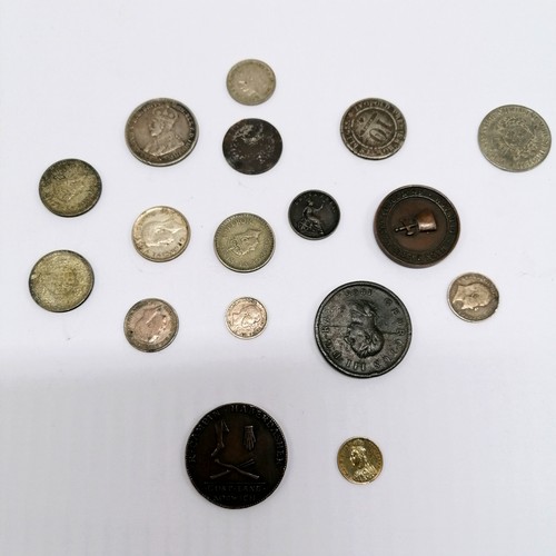 127 - Small qty of coins inc silver + tokens inc 1794 R Campin Haberdasher Goat Lane Norwich ½d, 1887 QV L... 