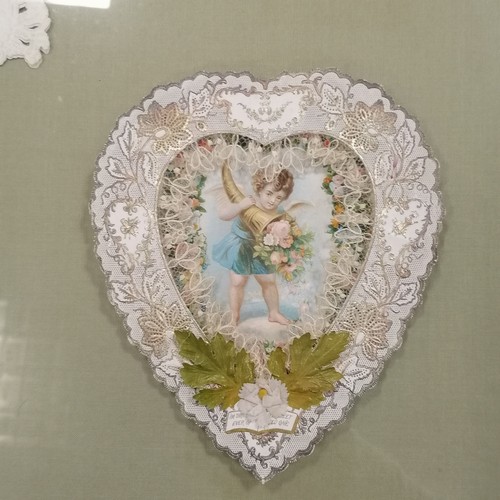 137 - Framed collection of 8 x antique Valentines cards inc 3-D ~ frame 69cm x 53cm