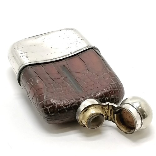 152 - Antique silver plated & crocodile leather hip flask - 14cm x 8cm & losses to plating finish & is in ... 