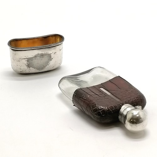 152 - Antique silver plated & crocodile leather hip flask - 14cm x 8cm & losses to plating finish & is in ... 