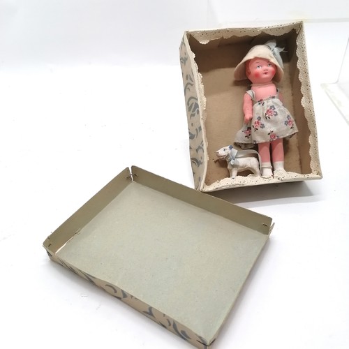 164 - Vintage boxed china doll 15cm high and dog- in unused condition