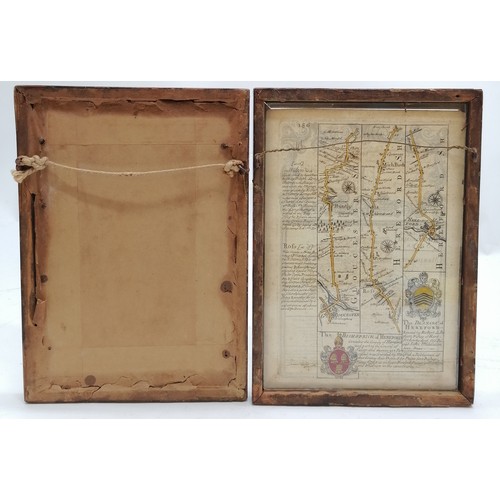 174 - 2 small framed antique maps both hand tinted- Road from Gloucester to Coventry and The Road from Glo... 