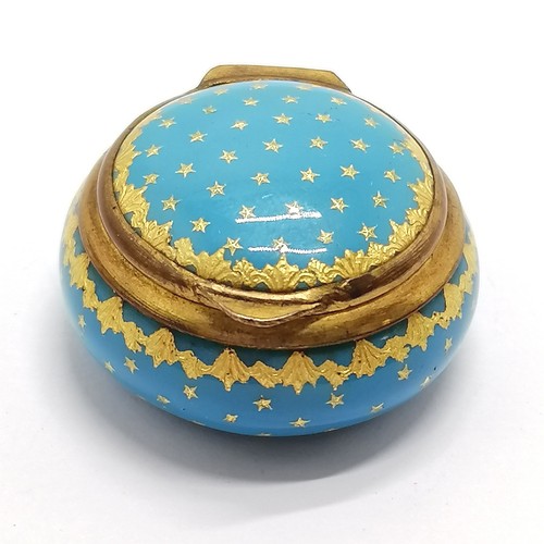 175 - Antique blue enamelled patch box with gilt metal mounts with gold star detail 3cm diameter- light ab... 