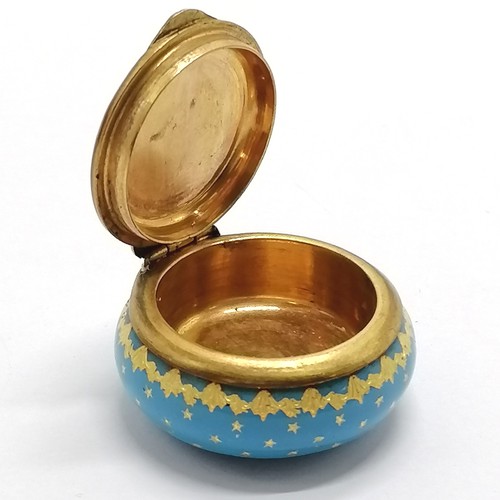 175 - Antique blue enamelled patch box with gilt metal mounts with gold star detail 3cm diameter- light ab... 