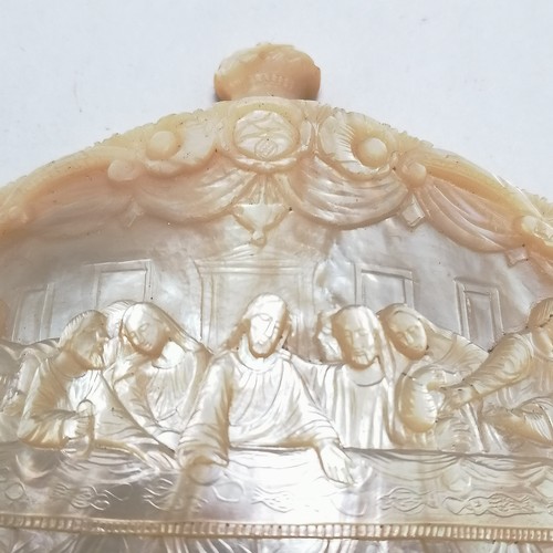 183 - Antique carved mother of pearl baptismal Holy water scoop depicting the Last Supper 16cm wide x 10cm... 