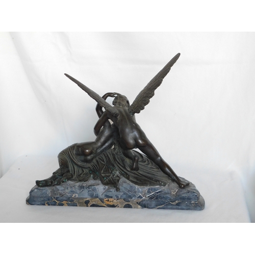 195 - Solid cast bronze study on continental marble base after '(Amore e Psiche) Psyche revived by Cupid's... 