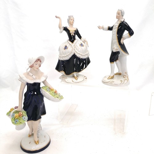 198 - 3 x Royal Dux figures - pair of dancers (#3727 & #138) t/w flower seller (#186 with slight losses to... 