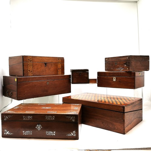 210 - 8 x antique boxes for restoration inc tumbling block design - 45.5cm x 30cm x 15cm