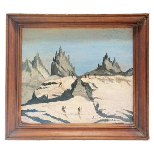 214 - Framed oil on board painting of some mountaineers ascending Mont Blanc by Etienne Dunand - 42cm x 47... 