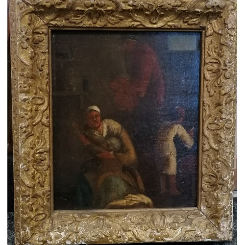 225 - Antique framed oil on canvas painting of figures in an interior in period frame (slight losses to su... 