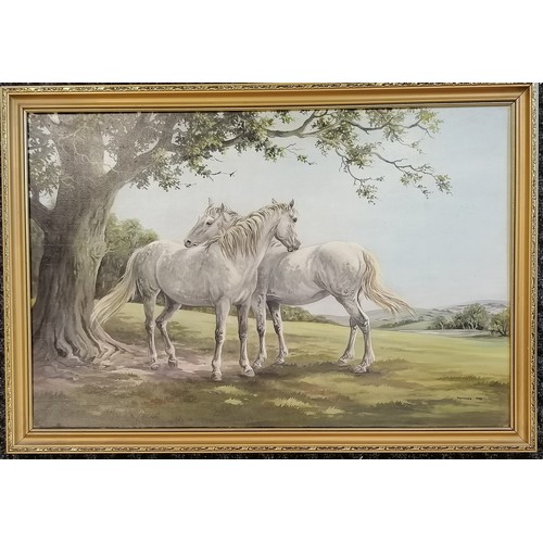 231 - Framed oil on canvas painting of a pair of grey horses by Frances Fry - frame 83cm x 57cm (loose in ... 