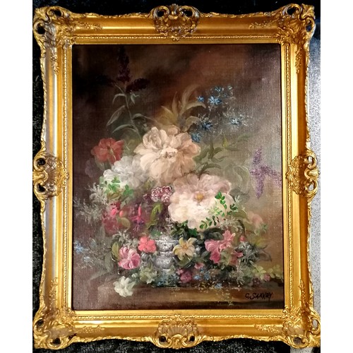 251 - Gilt framed oil painting of flowers signed C Sankey, frame 61cm x 50cm. No obvious damage