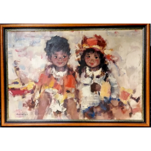 252 - Mid 20th C framed oil on canvas of 2 children signed Maleter (b.1925), frame 100cm x 70cm