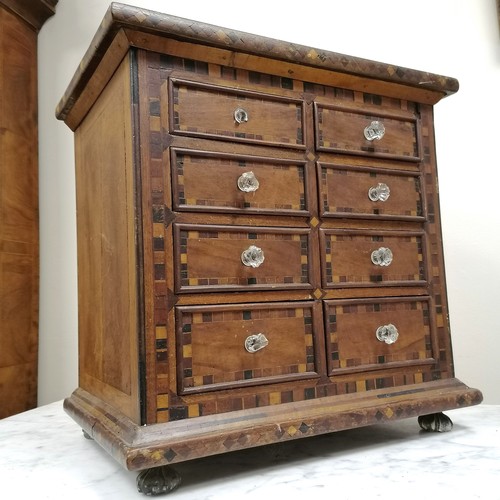 254 - 19th C continental inlaid 8 drawer mahogany table cabinet. 50cm wide x 33cm deep x 50cm high. Damage... 