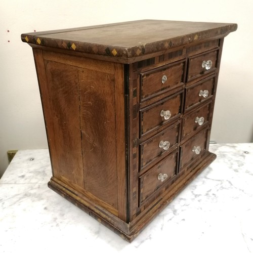 254 - 19th C continental inlaid 8 drawer mahogany table cabinet. 50cm wide x 33cm deep x 50cm high. Damage... 