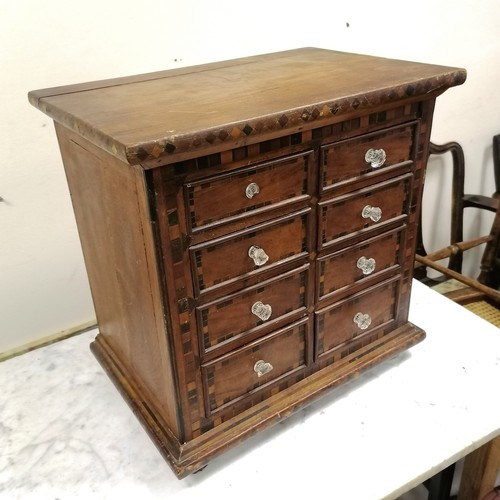 254 - 19th C continental inlaid 8 drawer mahogany table cabinet. 50cm wide x 33cm deep x 50cm high. Damage... 