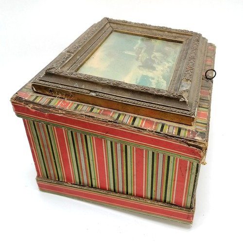 257 - Antique paper covered box with sloping lid & picture frame detail to top depicting lighthouse & ship... 