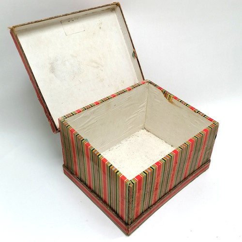 257 - Antique paper covered box with sloping lid & picture frame detail to top depicting lighthouse & ship... 