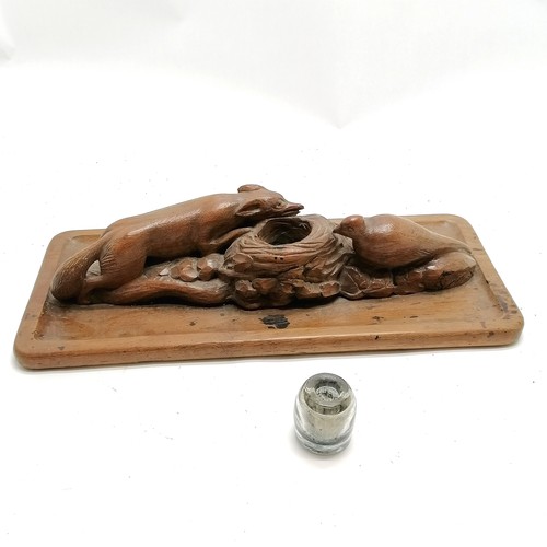 271 - Large antique novelty carved oak desk stand in the form of a fox and a grouse with its nest. The nes... 