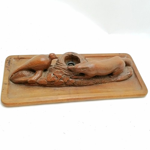 271 - Large antique novelty carved oak desk stand in the form of a fox and a grouse with its nest. The nes... 