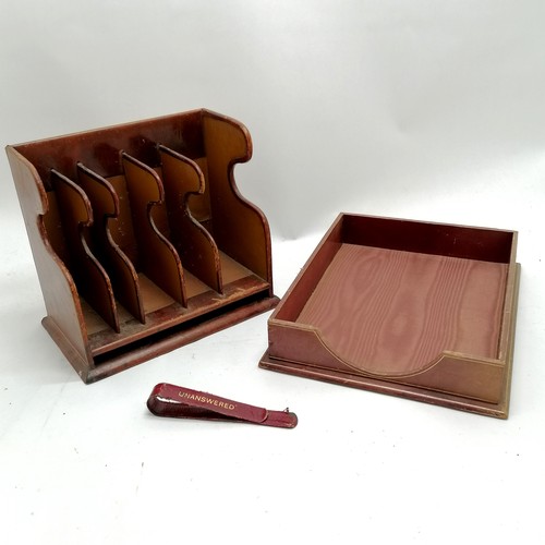 274 - Brown leather intray letter rack and letter clip.