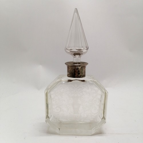 276 - Antique etched glass scent bottle with a silver 800 marked maker TM. Collar, basket of flowers detai... 