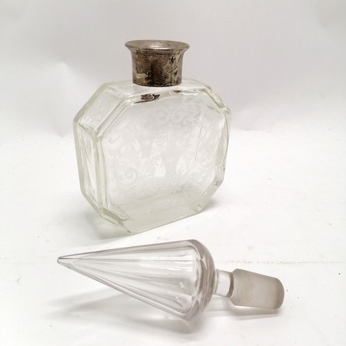 276 - Antique etched glass scent bottle with a silver 800 marked maker TM. Collar, basket of flowers detai... 