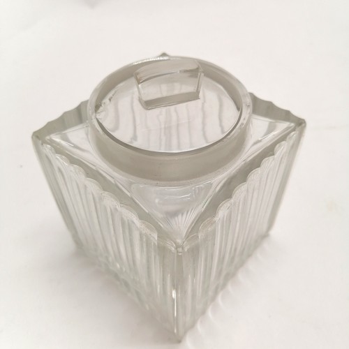 277 - Large square topped silver hallmarked jar with ribbed detail. Has chips to the body.