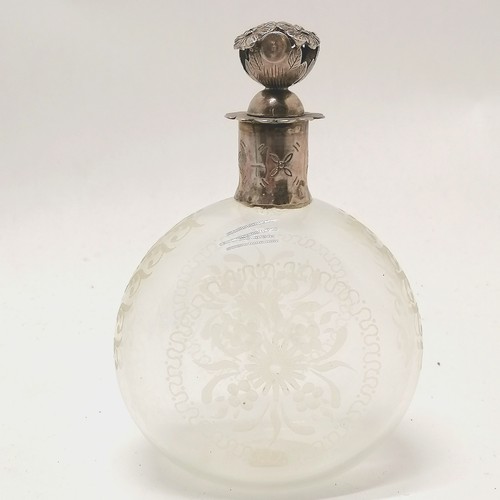 278 - Continental etched glass scent bottle with hallmarked silver collar and screwtop lid with flower det... 