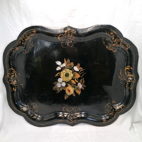 280 - Antique papier-mâché tray with mother of pearl inlay - 58.5cm x 76.5cm ~ some old repairs