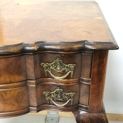 282 - Walnut 3 drawer serpentine fronted side table with lions paw feet 80cm x 53cm deep x 71cm high