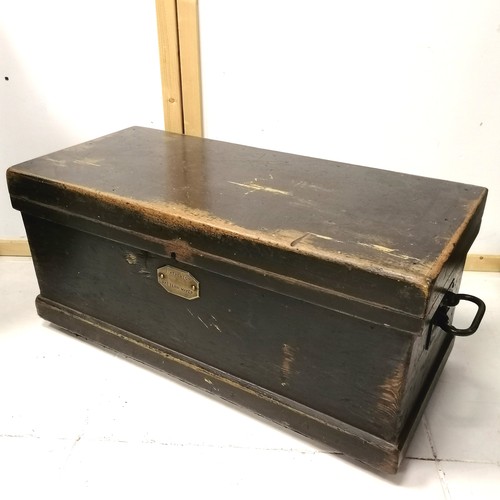 284 - Antique pine painted tool chest with mahogany sliding drawers and box. Has makers brass plate 83cm x... 